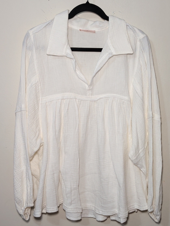 Ces Femme Tops - Ces Femme Cotton Muslin Babydoll Blouse White Collared Cottagecore Womens Size L
